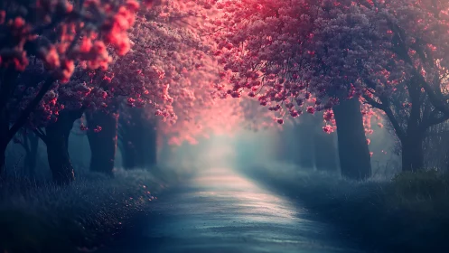 Tree-lined road with dense pink blossoms in soft foggy light.