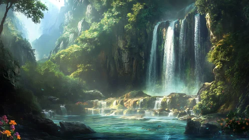 Hidden emerald falls dreamscape in a mist-lit forest canyon.