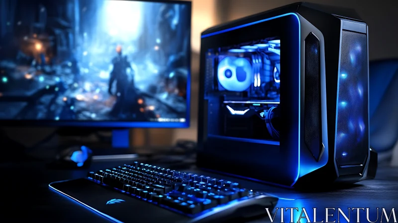 RGB gaming PC setup with neon-lit desktop tower.