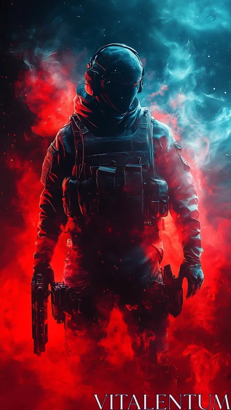 Tactical soldier silhouette in dual red blue vapor light.