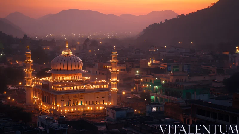 Illuminated domed mosque glows over misty valley town