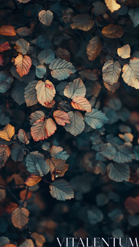 Moody autumn foliage in teal and amber low-key light.