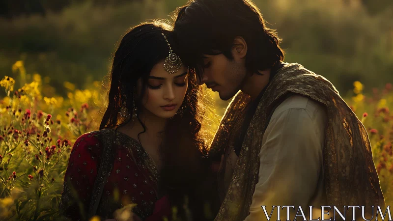 South Asian Couple Golden Hour Portrait with Ornate Textiles