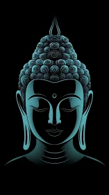 Neon turquoise Buddha portrait on solid black background.