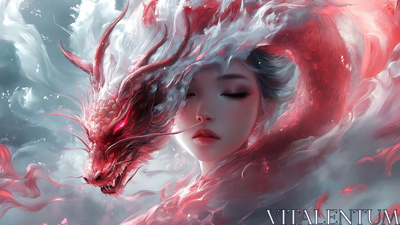 Ethereal fusion of red eastern dragon and serene dreamer