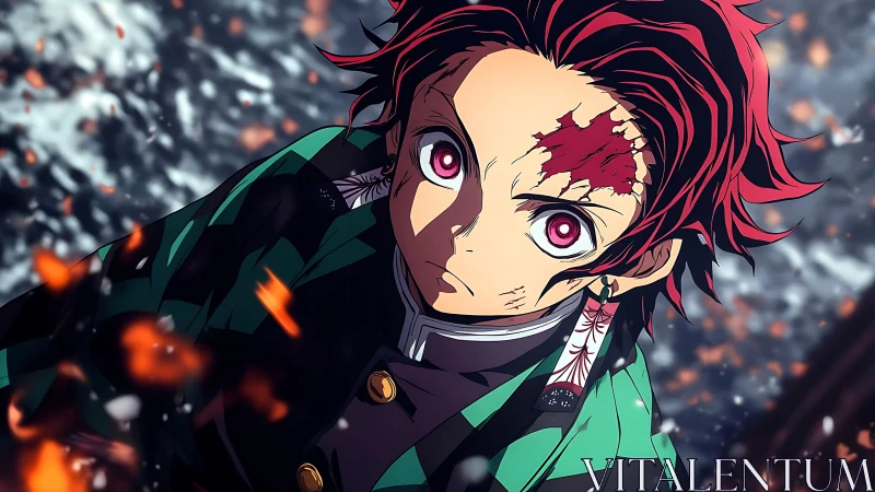 Animated swordsman portrait centers red-haired character