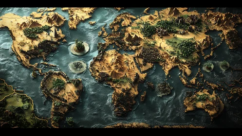 Fantasy world map rises in sculpted 3D terrain and oceans