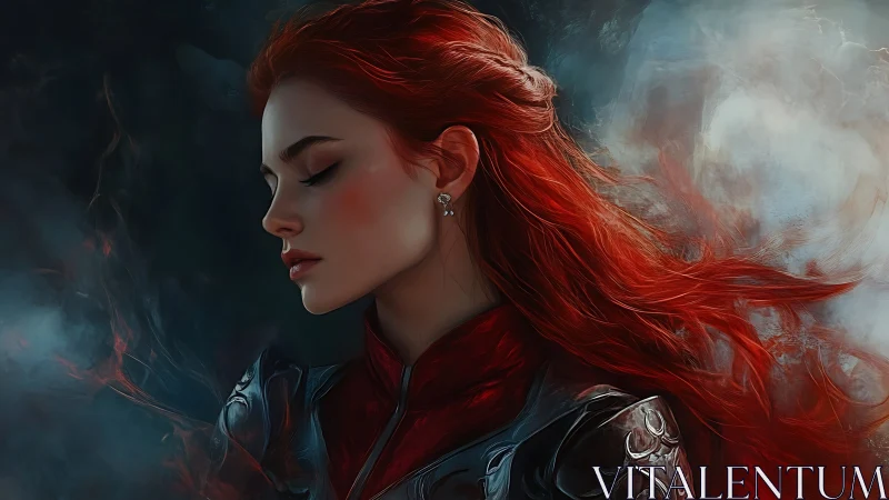 Crimson haired warrior resting in a quiet storm of light.