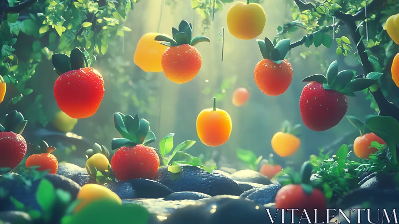 Luminous garden of floating strawberries and citrus orbs.