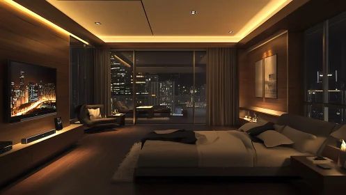 Luxury penthouse bedroom with city night skyline view.