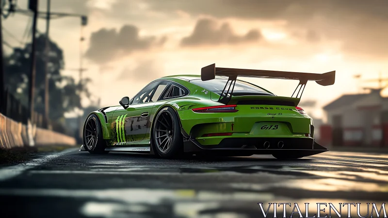 Green GT race car on wet circuit at low evening light.