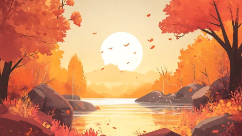 Autumn lake sunset glows behind mountains and red trees.