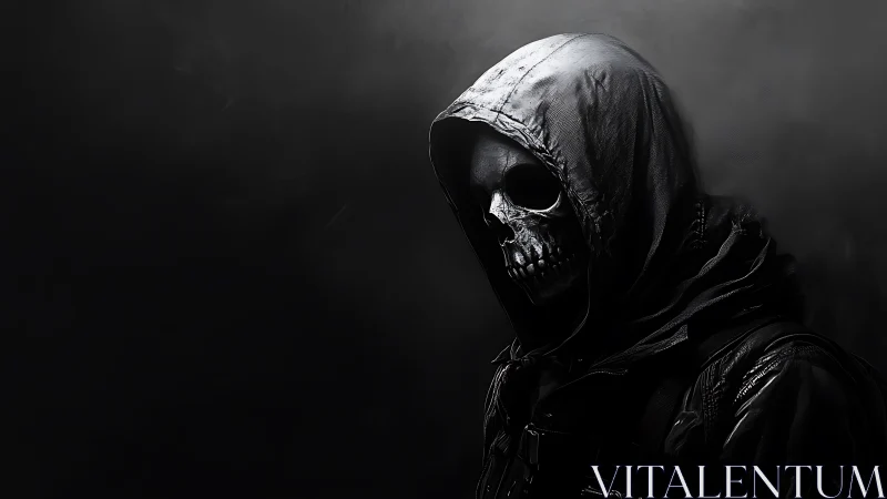 Hooded skull figure stands in dark, high-contrast lighting