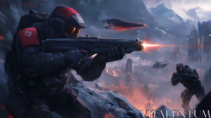 Armored infantry engages urban stronghold under aerial gunship support