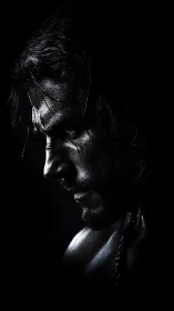 Brooding warrior carved from moonlit shadow and steel.