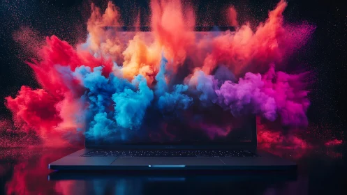 Vibrant clouds of color burst playfully from a glowing laptop