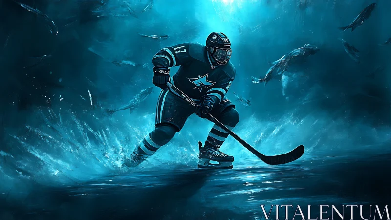 Hockey player skating hard on icy blue arena background.