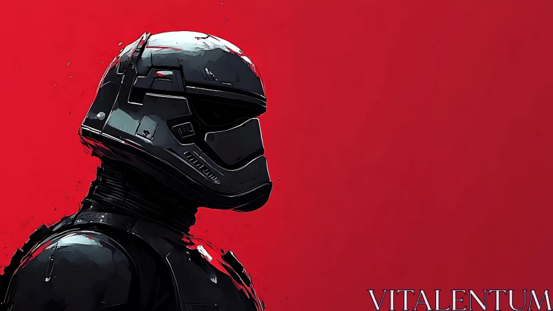 Armored tactical exosuit profile on saturated red field.