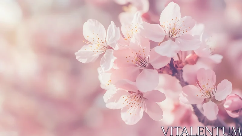Soft pink cherry blossoms glow gently in dreamy spring light