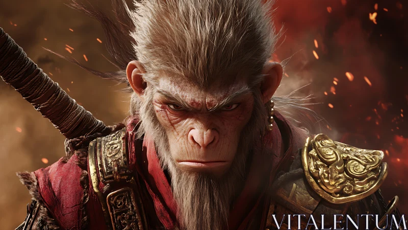 Cinematic 3D warrior monkey rendered with dramatic ember lighting