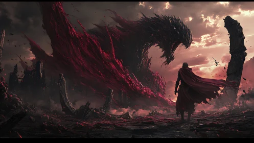 Lone warrior confronts colossal red beast in a dying world