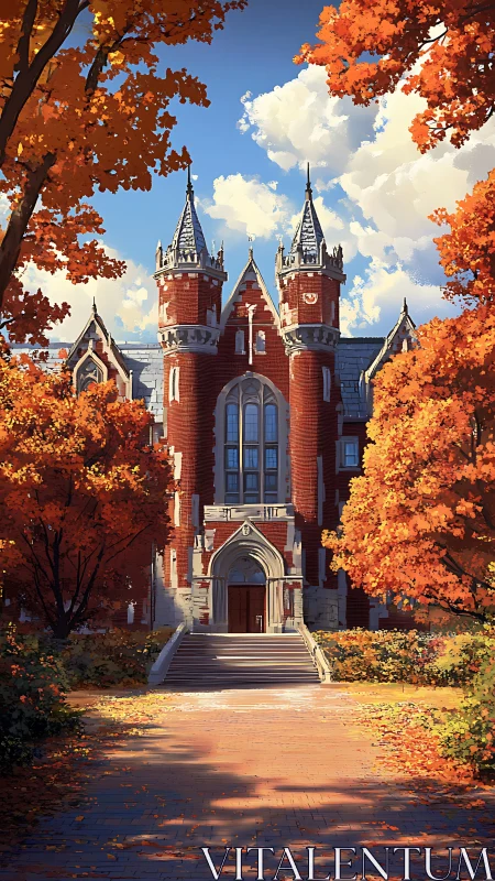 Gothic revival campus hall framed by luminous autumn foliage