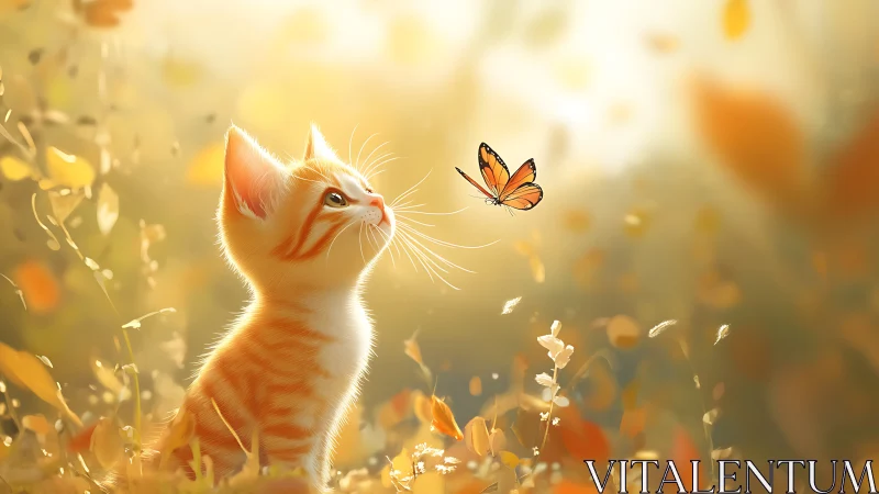 Orange Tabby Kitten Pursuing Butterfly in Golden Wildflower Meadow.