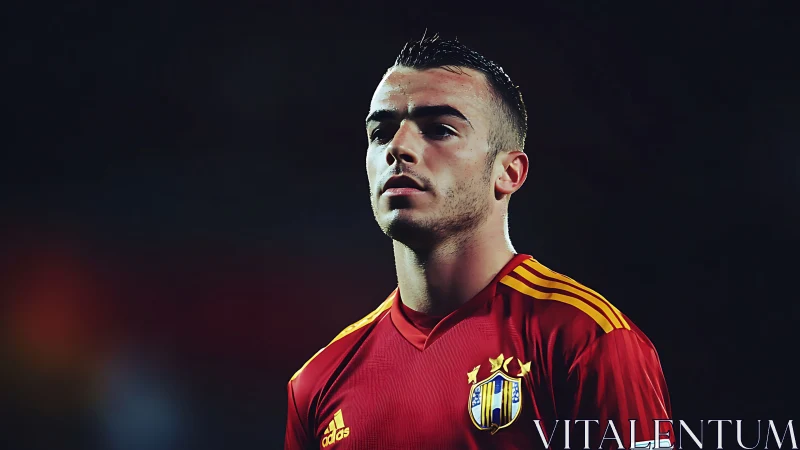 Focused footballer stands under stadium lights in deep shadow