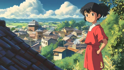 Anime village overlook with girl in red dress at sunrise.