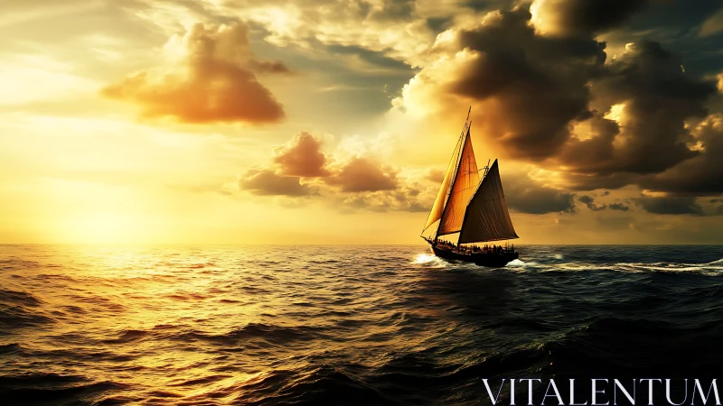 Golden-hour sailboat cuts shimmering open ocean horizon.