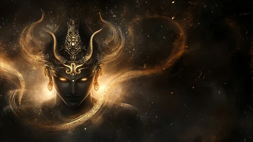 Horned cosmic deity with glowing eyes in swirling light.