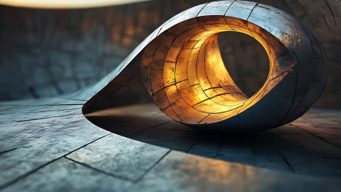 Curved metallic loop sculpture glows with warm inner light.