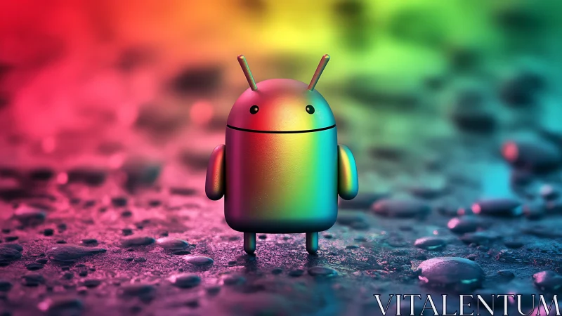 Colorful 3D android mascot on wet surface in rainbow light.