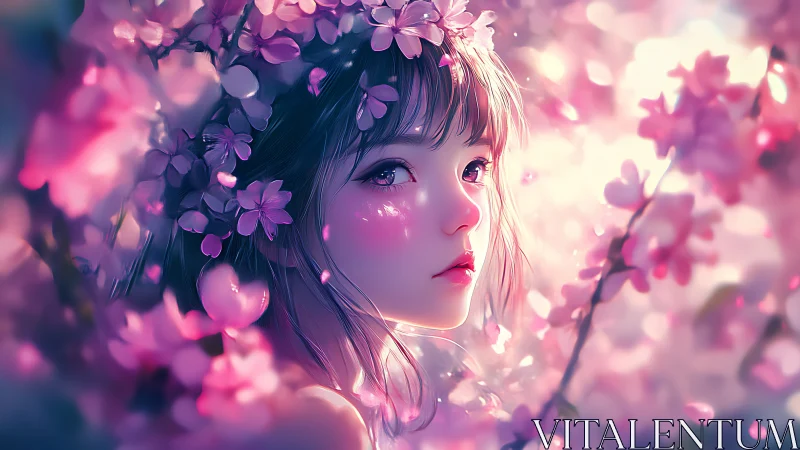 Chromatic bokeh portrait of floral-wreathed anime girl.