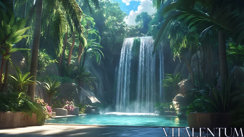 Tropical waterfall oasis with crystal lagoon and lush palms.