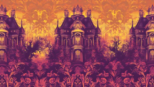 Gothic mansions glow in surreal sunset tones and symmetry.