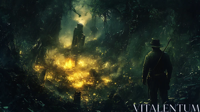 Jungle outlaw beholds molten gold ruins in eerie twilight.