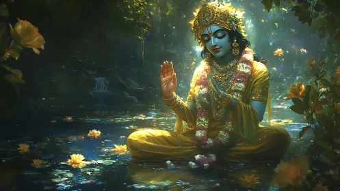 Lotus-lit blue deity in golden forest lagoon blessing stillness.