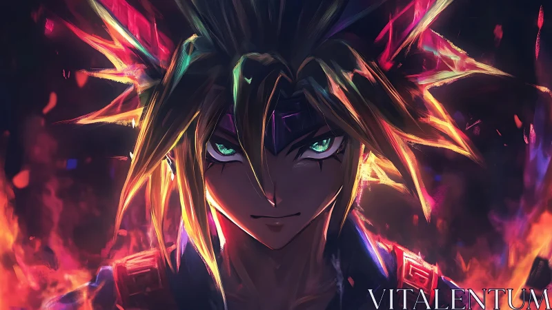 Ignited anime warrior portrait in vivid neon flames.