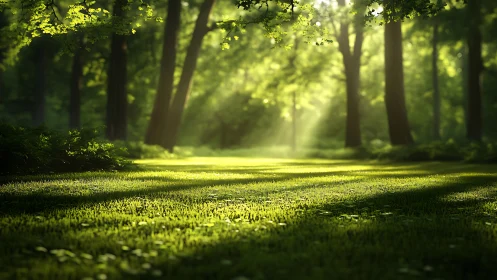 Volumetric sunlight across dewy forest clearing lawnscape.
