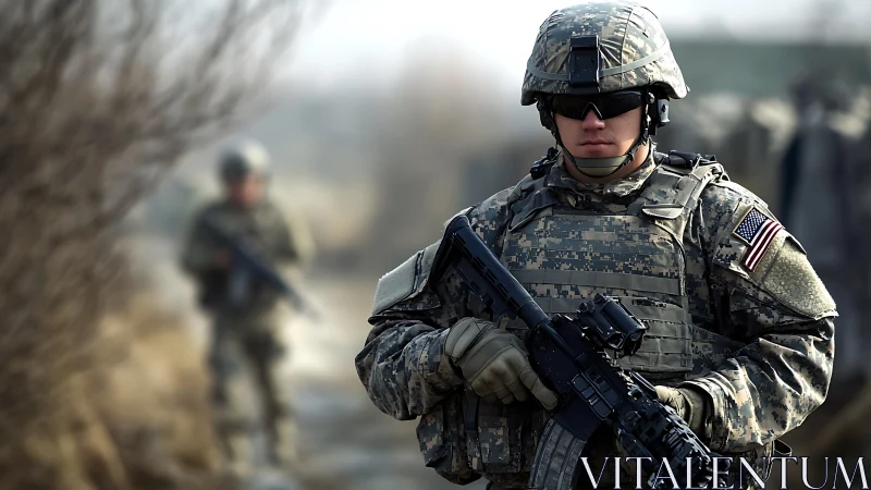Calm focus of a soldier on patrol in quiet rugged terrain.
