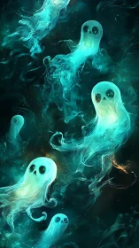 Multiple translucent spirit forms drift through dark space