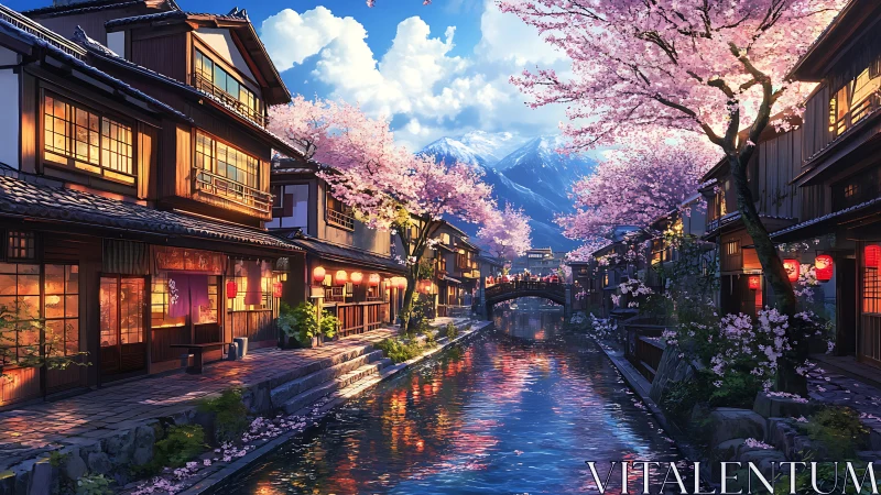 Digital painting of sakura-lined canal in traditional townscape.