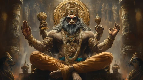 Lion-headed deity enthroned in radiant temple splendor.