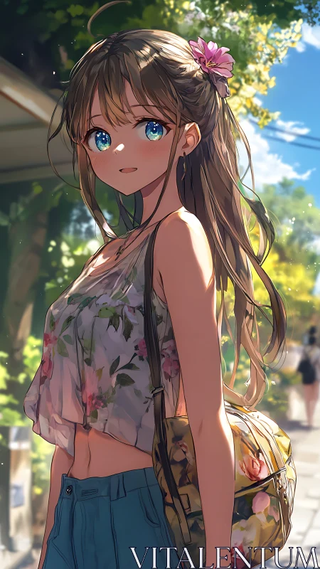 Summer street portrait in floral anime illustration style.
