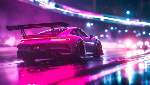 Neon-soaked sports car racing through futuristic rainstorm.