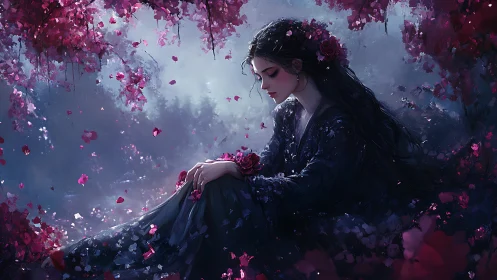 Melancholic dark-haired woman beneath falling rose petals.