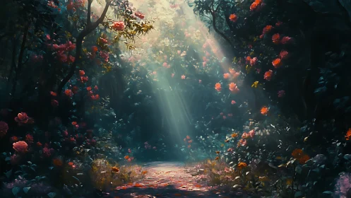 Luminous Forest Corridor With Volumetric Light Through Flowering Canopy