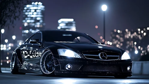 Low-angle night study of black Mercedes coupe under urban bokeh
