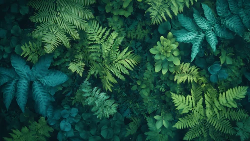 Overhead view of dense green foliage and fern leaves.